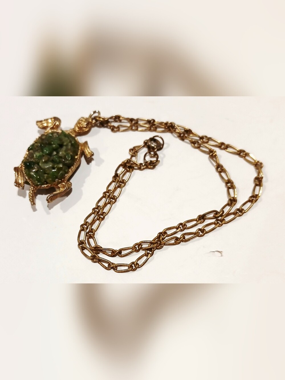 Goldtone Turtle Pendant Necklace with Green Stone Mosaic - Pets Reptile Inspired - Picture 4 of 7